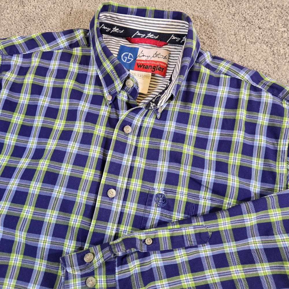 George Strait Wrangler‎ Shirt YOUTH 2XL Blue Plaid Long Sleeve Button Down Rodeo